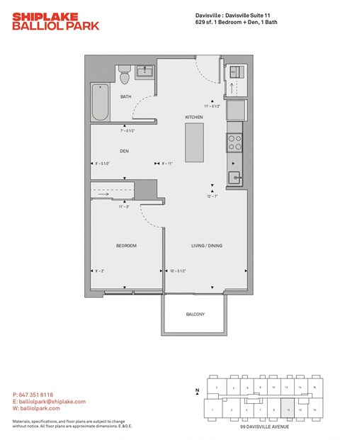 Floor plan for 1 bed, 1 bath, 629 sqft